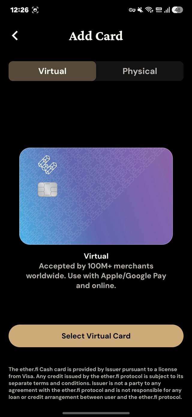 Virtual card selection screen citing 100M+ merchants