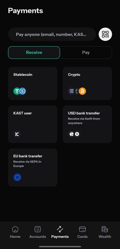 KAST 앱 받기 화면. 스테이블코인, 코인, KAST 사용자, USD 은행송금, EU 은행송금