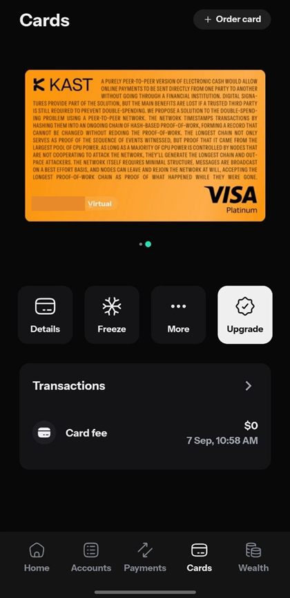 KAST 앱 카드 화면. 가상카드 Visa Platinum, 발급비 $0